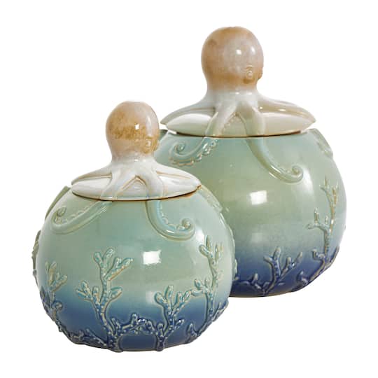 Blue Ombre Ceramic Octopus Textured Decorative Jars Set